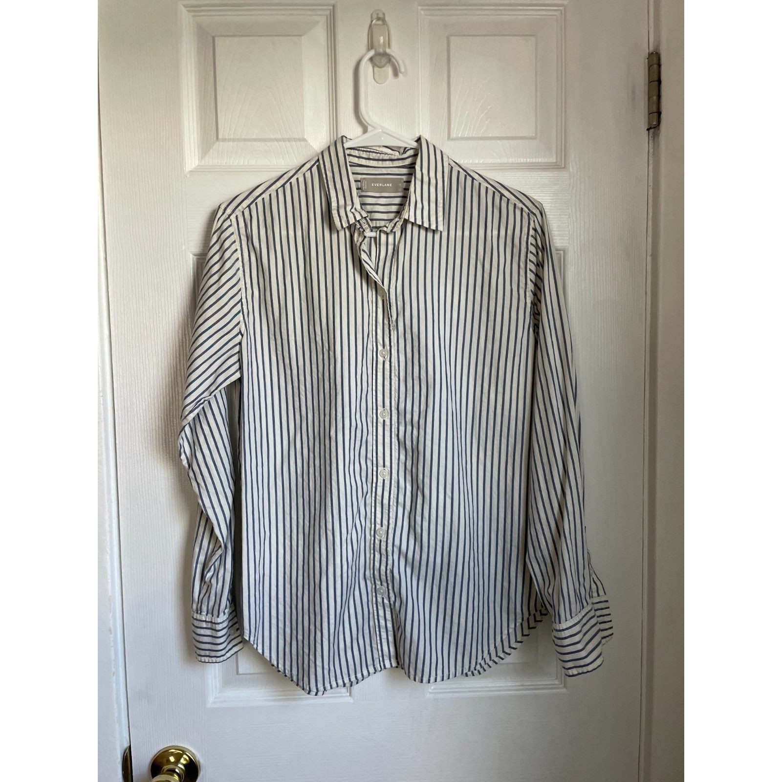 Everlane Women Size 4 Small Blue White Pinstripe Cotton Button Down Shirt